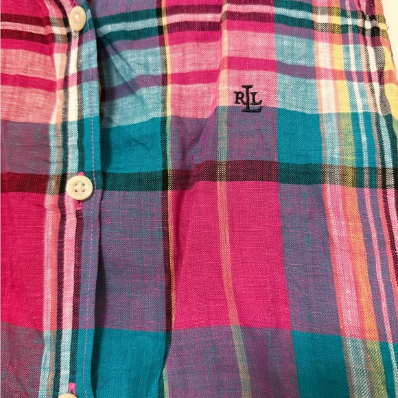 NWT Lauren Ralph Lauren Multicolor Plaid 100% Linen Button Up Sleeveless Shirt M - Picture 2 of 9
